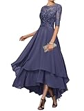 Geforsp Stormy Blue Tiered Chiffon Half Sleeve Mother of The Bride Dresses for Wedding Lace Mother of The Groom Dresses Size 8