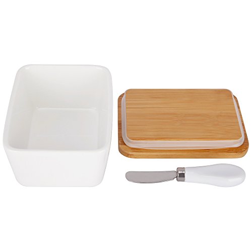 image for Fecihor Ceramic Butter Dish with Bamboo Lid, 800 ml Butter Keeper Cont