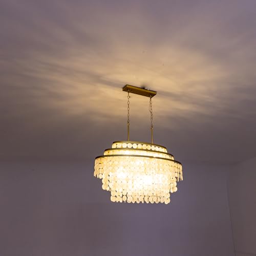 Wellmet Chandelier for Dining Room,Modern Coastal Chandelier Gold, Capiz Shell Light Fixture, Boho Pendant Lights Over Kitchen Island, Living Room Ceiling Lighting 40 Inch - Image 2