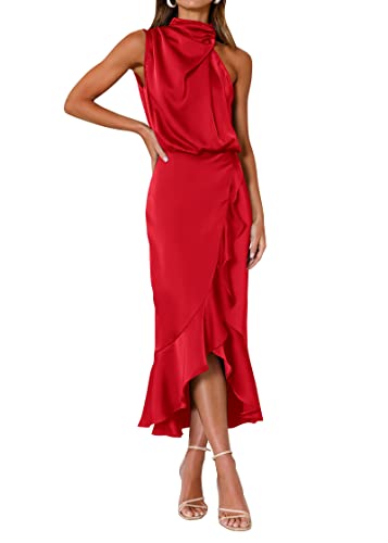 Image of KIRUNDO Women's Summer Satin Mock Neck Wedding Guest Dress