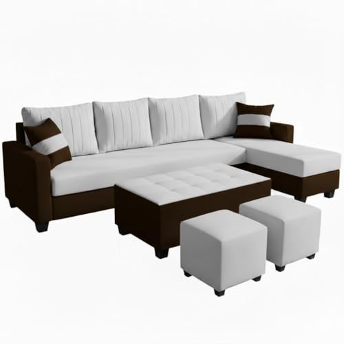 Image of FURNY Avenue 8 Seater Fabric RHS L Shape Sofa Set with 1 Centre Table & 2 Puffy (Light Grey-Dark Brown) Premium Velvet Finish