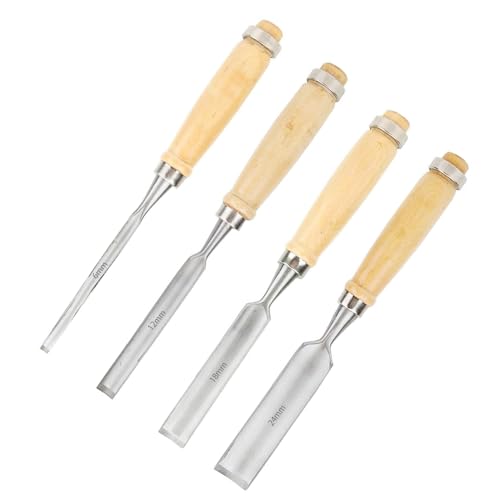 4本 のみセット 木工用 ノミ 鑿 アッシュツリー ハンドル 木工DIY 日曜大工 木彫り木材加工工具 木材の溝掘り 仕上げ 面取り 彫刻刀 大工道具 6/12/18/24mm (style1)