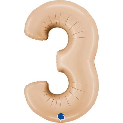 Folienballon Zahl 3 XXL 102 cm Satin Nude – Wiederverwendbarer Zahlenballon aus Italien – Helium- und Luftbefüllbar – Für Geburtstag, Hochzeit, Babyparty, Jubiläum, Eventdeko