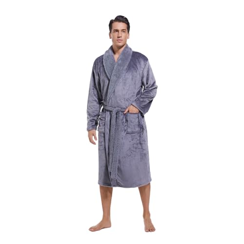 Men‘s Shawl Collar Fleece Robe,Soft Warm Long Bathrobe for men,Lightweight Spa Male Robe4