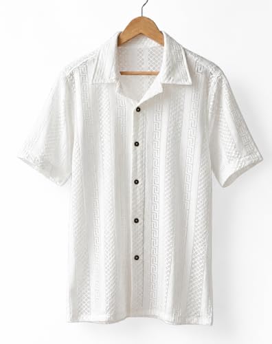 Image of TOUGHTEES Men's Short Sleeve Button-Up Shirt, White, Textured Geometric Pattern, Camp Collar