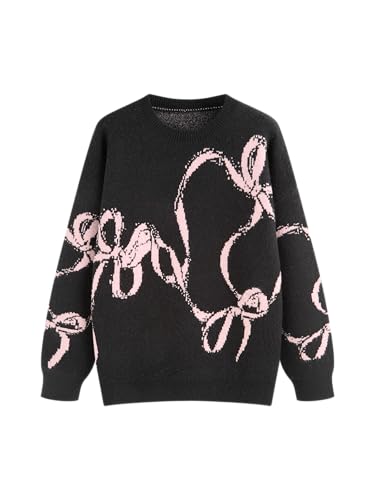 Image of CIDER Womens Sweater Bow Knot Cute Y2k Long Sleeve Crew Neck Pullover Tops, Black, XS