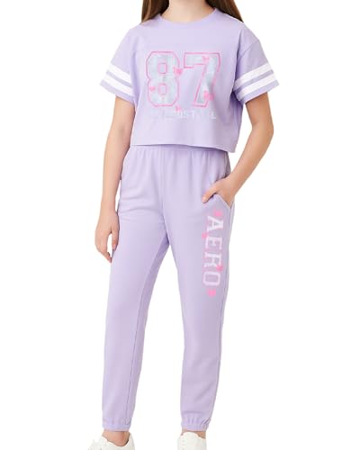 AEROPOSTALE Girls Activewear Set - Short Sleeve Jersey Cotton Shirt & Fleece Jogger Pants - 2 Piece Girls Sweatsuit, 7-16