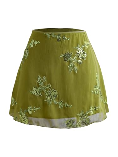 MakeMeChic Women's Plus Size Mini Skirt Floral Embroidery Sequin Mesh A Line Y2K Elegant Skirts