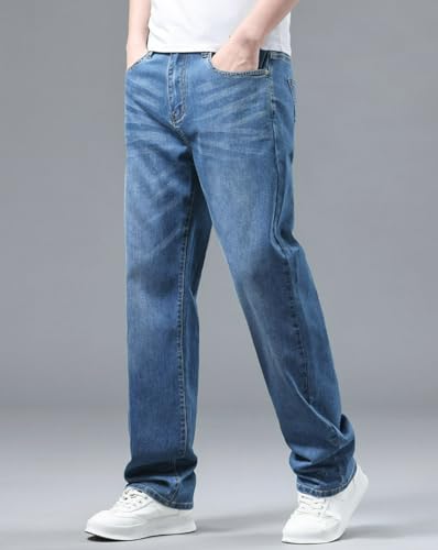 Jeans Pants Trouser Denim Large Size Thin Stretch Fat Plus Trendy Casual Washed Blue Loose Straight Leg for Men3