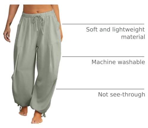 Image of Women's Linen Balloon Barrel Beach Pants Boho Harem Flowy Drawstring Casual Loose Pants with Pockets