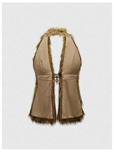 WDIRARA Women's Faux Fur Halter Vest Sleeveless Tie Backless Fuzzy Tank Top2