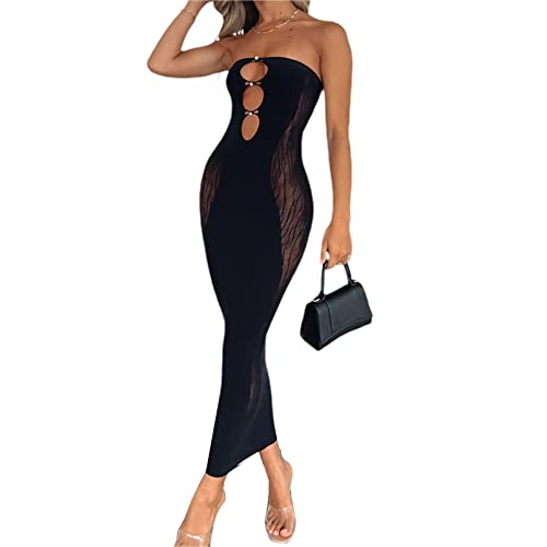 Women's Tube Hollow Out Maxi Dress Cutout Backless Sleeveless Sheer Mesh Side Lace Sexy Summer Bodycon Long Dresses (Black, S) #TOP2