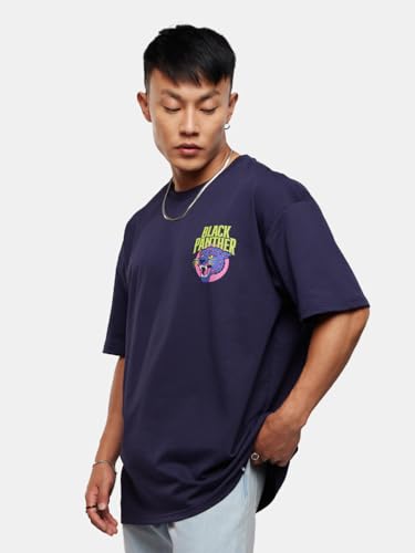 Image of The Souled Store Official Black Panther: Wakanda Forever Mens and Boys Oversized fit Graphic Half Sleeve Cotton Blue Color Oversized T-Shirts