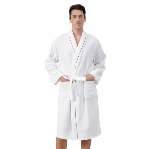 Inner Wish Men's Terry Cloth Bathrobe - Soft Absorbent Quick-Dry Spa Robe with Pockets, Lightweight Robe for Lounge & Shower，Snow White，L/XL