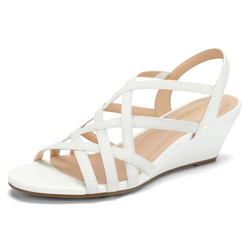 DOBOLIN Women's Wide Width Wedge Sandals Wedding Party Dress Sandals Elastic Strap Open Toe Low Heel Comfortable Casual Summer Shoes White Wide Size 8