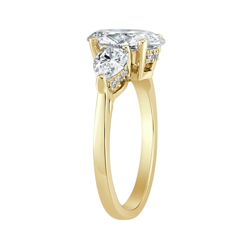 Diamond Wish 3 Carat Oval Lab Grown Diamond Three Stone Ring for Women - 14k Yellow Gold Engagement Ring for Her - Pear Side Stones (E-F, VS, 3 cttw) IGI Certified Wedding Promise Ring Size 5 to 8.54