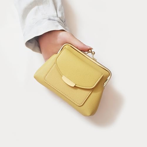 Genuine Leather Kiss Lock Coin Purse for Women with Credit Card Slot Large Capacity Blue (Yellow)4