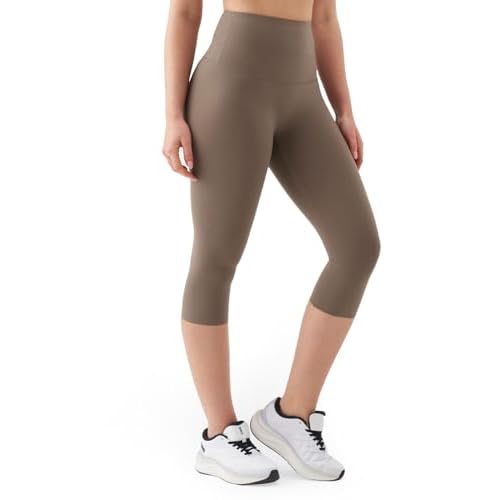 K-Swiss Women's 16" Capri Leggings - No Front Seam Soft Stretchy High Waist Brown X-Small