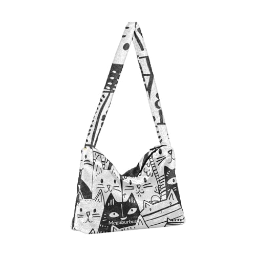 Fluffy Furry Tote Bag Fuzzy Cute Plush Underarm Bag Women Ladies Shoulder Handbag Purse for Autumn and Winter black cats2