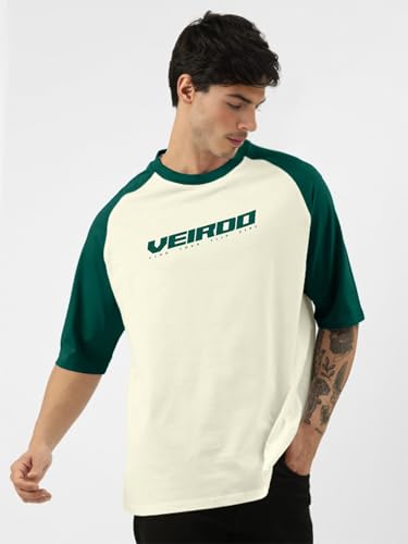 Image of Veirdo 100% Pure Cotton Oversized Loose Baggy Fit Drop Shoulder Round Neck Cool Front Chest Typographic Logo Printed Raglan Sleeve T-Shirt for Men (Colors: White, Black, Swanwhite, Beige & Grey)