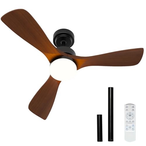 Image of 42 Inch Ceiling Fans with Lights and Remote Control, Walnut Ceiling Fan with Light for Bedroom, Living Room, Covered Outdoor, 6 Speeds Reversible Noiseless DC Motor, 3CCT, Dimmable LED Light