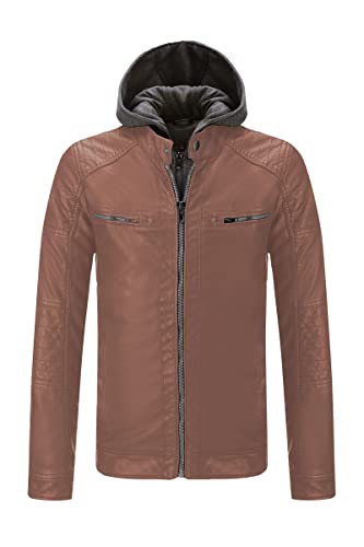 RISISSIDA Men's Faux Leather Bomber Jacket for Fall Winter and Spring, Warm Double Zipper Up Coat with Detachable Hood4