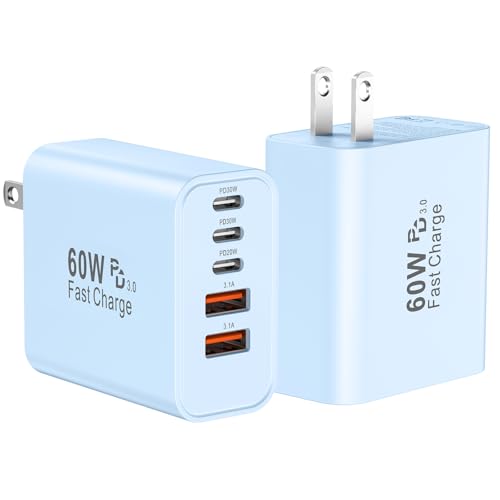 Image of USB C Fast Wall Charger Block, 2Pack 60W USBC Charging Cubes, 5-Port PD+QC Power Adapter Multiport Brick Type C Box Plug for Phone 17 /16 /15 /14 /13 /12 /11 /Pro Max /Plus, Pad Mini /Pro /S25 /S24-Blue