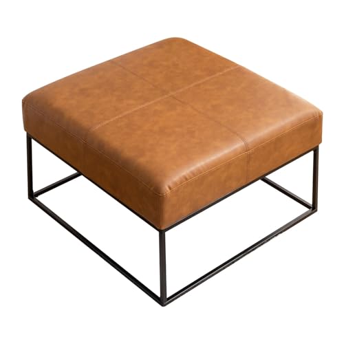 Image of Modern Square Coffee Table, Farmhouse Ottoman for Living Room, Large Vintage Leather Coffee Tables with Faux Leather Upholstered Padded Seat [Square, Vintage Brown, 30'']