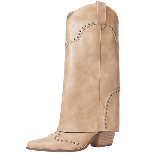 RONILURN Women Shark Boots Fold Over Mid Calf Chunky Heel Snip Toe Cowboy Cowgirl Pull On Studded Boots for Women