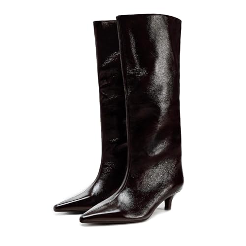 Goolita Burgundy Knee High Boots For Women, Pointed Toe Kitten Heel Wide Calf Boots Cherry Red Slip On Dress Tall Boots2