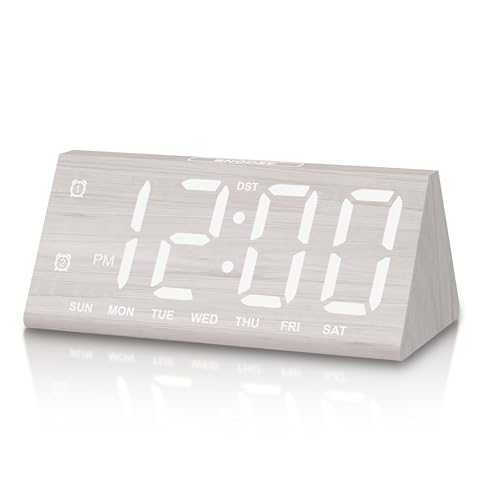 Digital Alarm Clock, with Wooden Electronic LED Time Display, 3 Alarm Settings, Humidity & Temperature Detect, Wood Made Electric Clocks for Bedroom, Bedside, Desk (White-Big Bold)