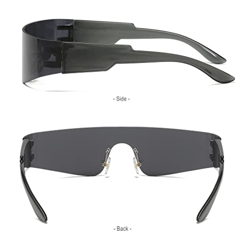 Y2K Futuristic Wrap Around Sunglasses for Men Women Visor Cyber Glasses Monoblock Cyclops 2000s Accessories (Black Frame-Black Lens)4