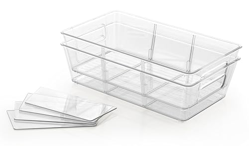 Image of Xiran Fridge Storage Boxes Organizer Bins, 3 Partition Stackable Fridge Storage Basket, Plastic Freezer Storage Containers for Fish, Meat, Vegetables, Fruits (Pack of 2, Transparent)