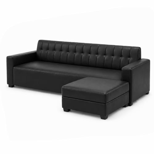 Image of FURNY Luxe 4 Seater L Shape Sofa Set with Movable Ottoman | Flexible Left or Right Layout | Premium Leatherette Upholstery (Black) | Perfect for Living Room, Guest Room & Office
