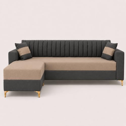 Image of FURNY Signature Regalia 4-Seater L-Shape Sofa Set with Movable Ottoman | Flexible LHS /RHS Layout | Boston Fabric | 40D Foam + Zigzag Spring | 3-Yr Warranty (Ash Grey & Warm Beige)