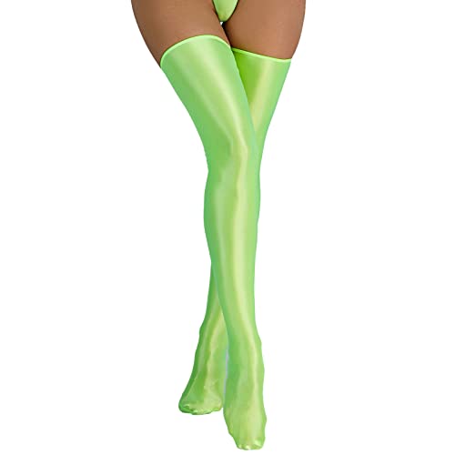 Generisch Mujeres brillante seda resbaladizo alto elástico brillante muslo calcetines de cuero calcetines adultos, verde, talla única