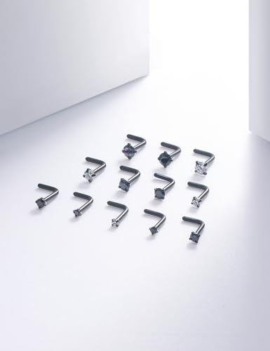 18G 20G Black Nose Rings Studs Piercing Jewelry for Women 316L Surgical Steel L Shaped Screw Straight Diamond CZ Nose Rings Studs Nostril Piercing Jewelry for Women Men Hypoallergenic3
