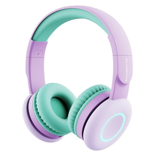 BIGGERFIVE Kids Wireless Headphones, 7 Colorful LED Lights, Kids Bluetooth Headphones with Microphone, 85dB/94dB Volume Limited, Foldable On Ear Heaphones for Kids/Boys/Girls/Fire Tablet/Ipad, Purple
