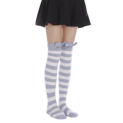 Image of Thigh High Fuzzy Socks Cute Animal Coral Fleece Over the Knee Thigh High Long Stockings Warm Stripe