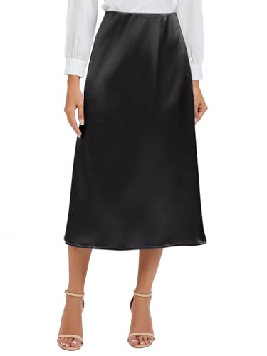 Women Elegant Daily Satin A-Line Side Slit Midi Skirt Elastic Waistband with Side Zipper3