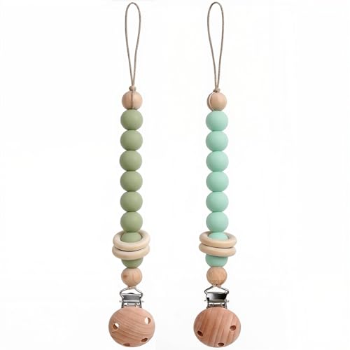Image of 2Pcs Silicone Pacifier Clip with Natural Wooden Rings, Green Pacifier Holder Binky Clips for Baby Girl and Boys (Green)