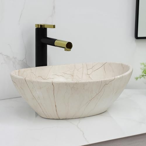 Image of Ceramic Tabletop Wash Basin - Glossy Bowl Shape Countertop Vessel Sink with Marble Finish for Bathroom & Vanity | Compact 16 x 13 x 5 Inch | Elegant Washbasin