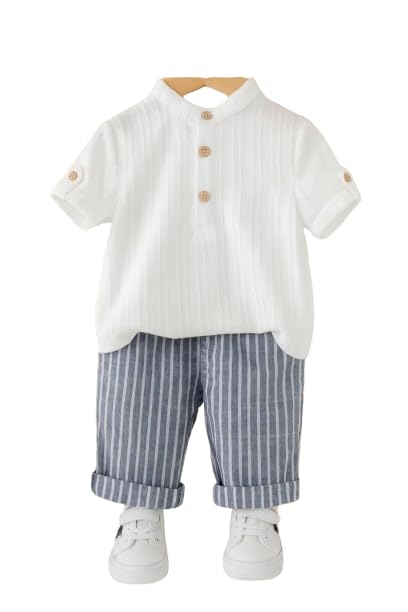 Baby Boy Outfit Set Mandarin Collar Shirt & Striped Pants Comfortable Summer Dress