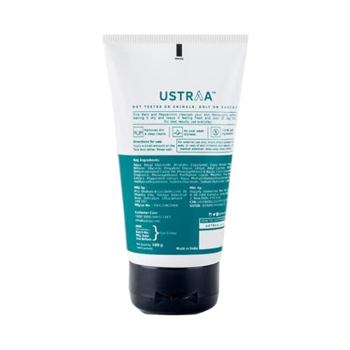 Image of Ustraa Face Wash - Mint Cool - Dry Skin - 100g | Reduces Moisture Loss | Removes Dirt & Face Wash Acne Control - With Neem & Charcoal - 100g - Oil control, Prevents Acne