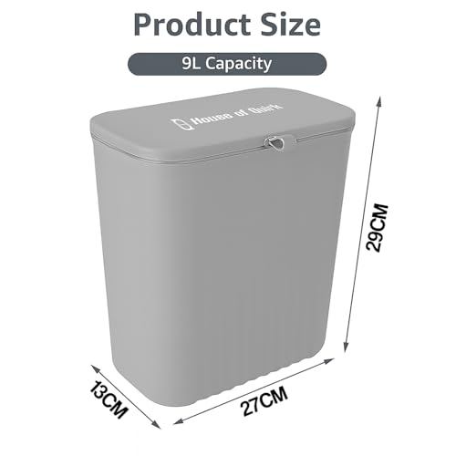 Image of House of Quirk Plastic Hanging Trash Can With Lid, Double-Sided Open Design, Cabinet Door Hanging Wall Storage Bucket for Kitchen (9 Litre Grey)