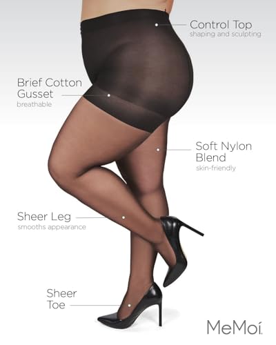 MeMoi Plus Size Curvy Control Top Pantyhose for Women, Comfortable Sheer Pantyhose, Lightweight Womens Stockings, Sizes 1X-QP3