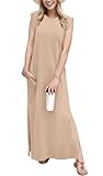 GRECERELLE Vestido maxi de verano para mujer, estilo elegante, sin mangas, maxi vestidos para mujer con abertura y bolsillos, Rosas Rosa, M