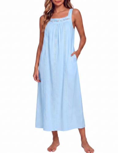 Image of SWOMOG Women's Cotton Nightgowns Sleeveless Night Gown Embroidery House Dress Soft Long Nightdress with Pockets