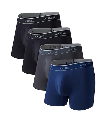 ANLIQI Men's Boxer Briefs Bamboo Rayon Moisture Wicking Underwear for Men Pack Breathable Underwear with Fly Underpants S-XL(2Black 1Gray 1Navy,XL)
