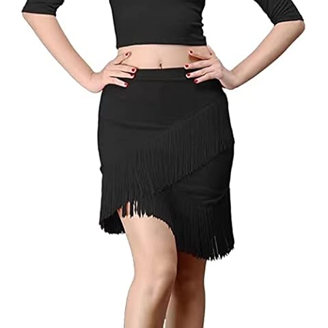 AUPancc Women's Adult Tassel Dance Skirt Hip Short Dress Latin Dance Skirt Dance Performance Ballroom Fringe Skirt Black Cover